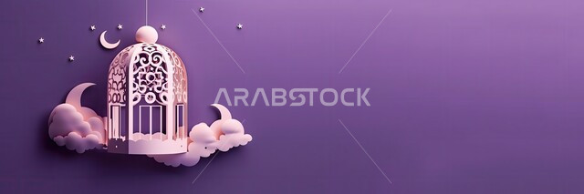 زينة وديكورات رمضان المبارك, أجواء الروحانية والاحتفال بالمناسبات والأعياد الدينية الاسلامية، البهجة بقدوم شهر الخير، صورة بانورامية للفوانيس المعدنية التقليدية المضاءة المعلقة، خلفية بنفسجية