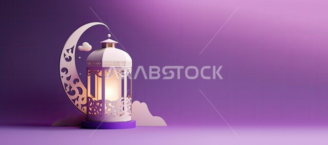 البهجة بقدوم شهر الخير، زينة وديكورات رمضان المبارك, صورة بانورامية للفوانيس المعدنية التقليدية المضاءة، أجواء الروحانية والاحتفال بالمناسبات والأعياد الدينية الاسلامية، خلفية بنفسجية