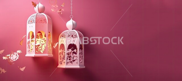 زينة وديكورات رمضان المبارك, صورة بانورامية للفوانيس المعدنية التقليدية المعلقة المضيئة، الاحتفال بالمناسبات والأعياد الدينية الاسلامية، الأجواء الروحانية المتميزة، البهجة بقدوم شهر الخير، خلفية وردية