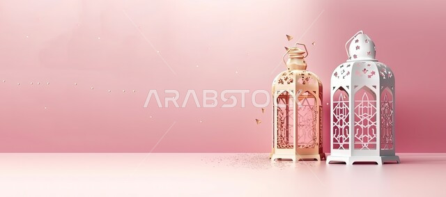 الأجواء الروحانية المتميزة، صورة بانورامية للفوانيس المعدنية التقليدية المضيئة، زينة وديكورات رمضان المبارك, الاحتفال بالمناسبات والأعياد الدينية الاسلامية، البهجة بقدوم شهر الخير، خلفية وردية