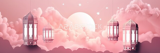 زينة وديكورات رمضان المبارك, صورة بانورامية للفوانيس المعدنية التقليدية المعلقة المضيئة، الاحتفال بالمناسبات والأعياد الدينية الاسلامية، الأجواء الروحانية المتميزة، البهجة بقدوم شهر الخير، خلفية وردية