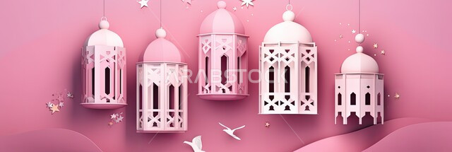 زينة و اكسسوارات وديكورات رمضان المبارك, الاحتفال بالمناسبات والأعياد الدينية الاسلامية، الأجواء الروحانية المتميزة، صورة بانورامية لفانوس معدني تقليدي معلق مصنوع من الورق المقوى ،البهجة بقدوم شهر الخير، خلفية وردية