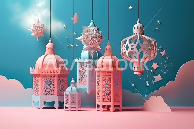 Joy at the arrival of the month of goodness, decorations and accessories for the blessed Ramadan, the distinct spiritual atmosphere, celebration of Islamic religious occasions and holidays, a group of traditional metal lanterns, a blue background