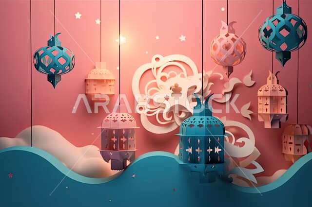 الأجواء الروحانية المتميزة، الاحتفال بالمناسبات والأعياد الدينية الاسلامية، زينة وديكورات رمضان المبارك, مجموعة من الفوانيس المعدنية التقليدية المعلقة الملونة المصنوعة من الورق المقوى، البهجة بقدوم شهر الخير، خلفية وردية