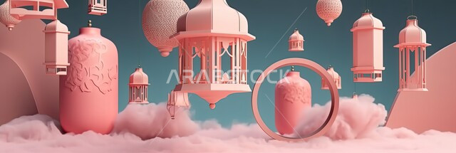 الأجواء الروحانية المتميزة، الاحتفال بالمناسبات والأعياد الدينية الاسلامية، زينة وديكورات رمضان المبارك, صورة بانورامية لمجموعة من الفوانيس المعدني التقليدي المعلقة ،البهجة بقدوم شهر الخير، خلفية وردية