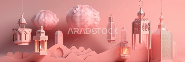 الأجواء الروحانية المتميزة، الاحتفال بالمناسبات والأعياد الدينية الاسلامية، زينة وديكورات رمضان المبارك, صورة بانورامية لمجموعة من الفوانيس المعدني التقليدي المعلقة ،البهجة بقدوم شهر الخير، خلفية وردية
