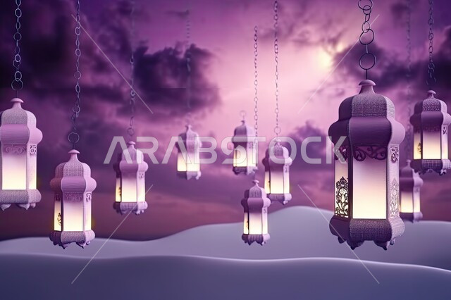 Decorations and decorations for the blessed Ramadan, a close-up of a group of traditional hanging decorative metal lanterns, celebrating Islamic religious occasions and holidays, the joy of the coming of the month of goodness, the background of the purple sky with clouds