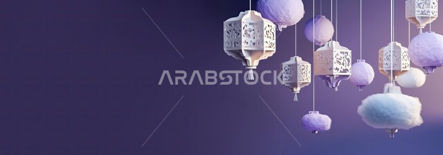 الاحتفال بالمناسبات والأعياد الدينية الاسلامية، البهجة بقدوم شهر الخير، مجموعة من المصابيح المضيئة في الأجواء الروحانية ,زينة وديكورات رمضان المبارك, صورة بانورامية للفوانيس المعدنية التقليدية المزخرفة المعلقة، خلفية بنفسجية