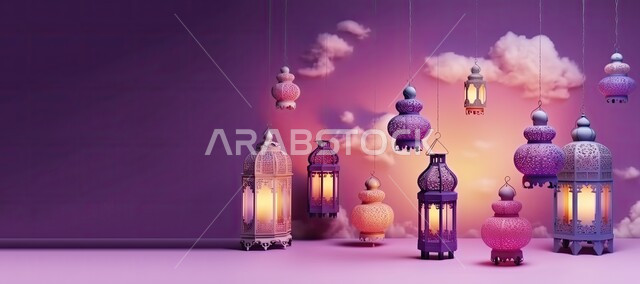 Decorations and decorations for the blessed Ramadan, a panoramic image of lit traditional metal lanterns, an atmosphere of spirituality and celebration of Islamic religious occasions and holidays, the joy of the coming of the month of goodness, a purple background