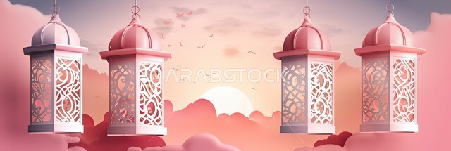 البهجة بقدوم شهر الخير، الأجواء الروحانية المتميزة، الاحتفال بالمناسبات والأعياد الدينية الاسلامية، زينة وديكورات رمضان المبارك, صورة بانورامية لمجموعة من الفوانيس المعدني التقليدي المعلقة ،خلفية السماء الوردية 