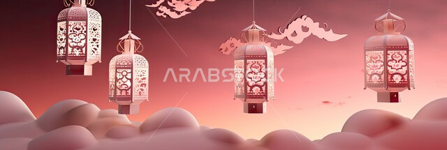 البهجة بقدوم شهر الخير، الأجواء الروحانية المتميزة، الاحتفال بالمناسبات والأعياد الدينية الاسلامية، زينة وديكورات رمضان المبارك, صورة بانورامية لمجموعة من الفوانيس المعدني التقليدي المعلقة ،خلفية السماء الوردية 