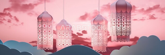  الأجواء الروحانية المتميزة، البهجة بقدوم شهر الخير, الاحتفال بالمناسبات والأعياد الدينية الاسلامية، زينة وديكورات رمضان المبارك, صورة بانورامية لمجموعة من الفوانيس المعدني التقليدي المعلقة ،خلفية السماء الوردية