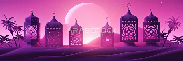زينة وديكورات رمضان المبارك, صورة بانورامية للفوانيس المعدنية التقليدية المضاءة، أجواء الروحانية والاحتفال بالمناسبات والأعياد الدينية الاسلامية، البهجة بقدوم شهر الخير، خلفية الطبيعه بنفسجية