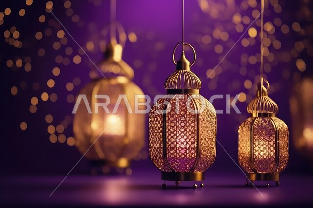 الاحتفال بالمناسبات والأعياد الدينية الاسلامية، صورة مقربة لمجموعة من الفوانيس الذهبية المعدنية التقليدية المزخرفة ,البهجة بقدوم شهر الخير، زينة وديكورات رمضان المبارك, خلفية بنفسجية
