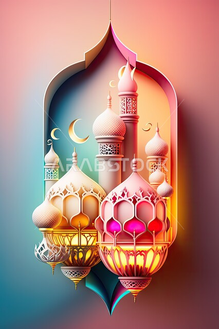 مجسمات ثلاثية الأبعاد للمآذن و القبب البيضاء, الفوانيس المعدنية التقليدية المزخرفة ,الاحتفال بالمناسبات والأعياد الدينية الاسلامية، البهجة بقدوم شهر الخير، زينة وديكورات رمضان المبارك, خلفية ملونة