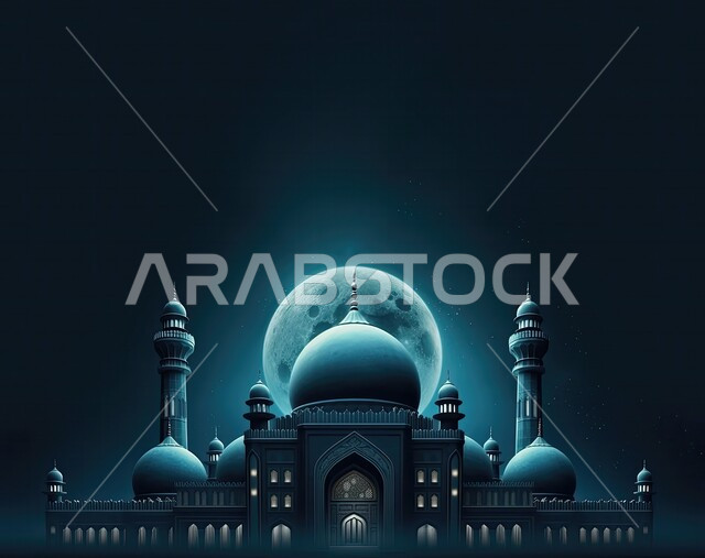 Domes and minarets in the modern Islamic style, three-dimensional models of mosques in the Kingdom of Saudi Arabia, the concept of worship and getting closer to God, the background of the sky illuminated by moonlight.