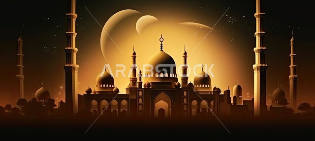 الفن الهندسي المعماري للمساجد، مفهوم العبادة والتقرب إلى الله، مجسمات ثلاثية الابعاد للقبب والمآذن المتميزة، تصاميم و ديكورات على الطراز الاسلامي باللون الذهبي، خلفية السماء المليئة بالنجوم