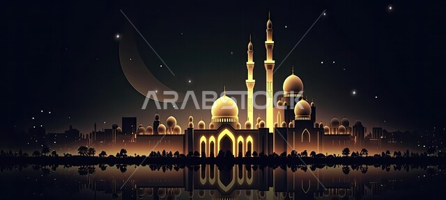 مفهوم العبادة والتقرب إلى الله، مجسمات ثلاثية الابعاد للقبب والمآذن المتميزة، تصاميم و ديكورات على الطراز الاسلامي باللون الذهبي، الفن الهندسي المعماري للمساجد، خلفية السماء المليئة بالنجوم
