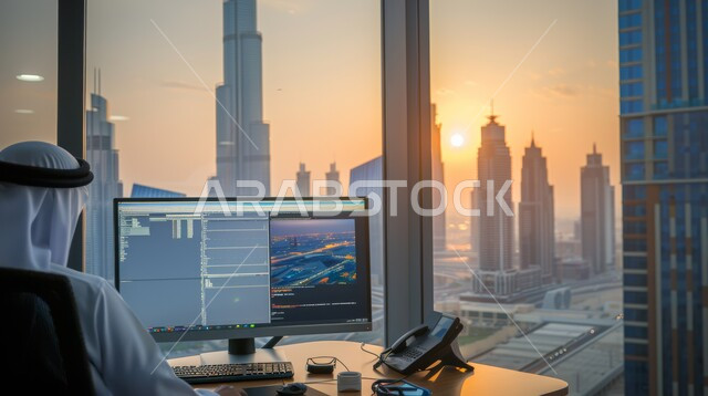 انجاز الاعمال والمهام عبر الحاسب، صورة من الخلف لرجل عربي خلجي سعودي يرتدي الزي التقليدي يعمل على الحاسوب المحمول ضمن مكتب العمل في مقر الشركة، دمج العمل مع التقنية والتكنولوجيا، مهن ووظائف سعودية، خلفية ابراج المملكة