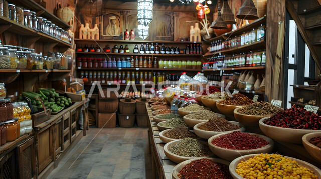 Plants with health and medicinal benefits, display of important grains and foodstuffs, natural flavorings and colorings for foods and foods, agricultural crops and local Saudi national products, popular traditional markets for selling spices and aromatics.