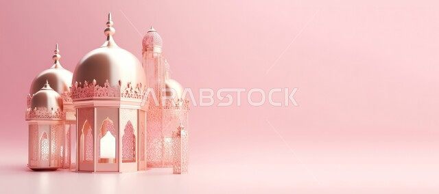 الأجواء الروحانية المتميزة، صورة بانورامية للفوانيس المعدنية التقليدية المضيئة، زينة وديكورات رمضان المبارك, الاحتفال بالمناسبات والأعياد الدينية الاسلامية، البهجة بقدوم شهر الخير، خلفية وردية