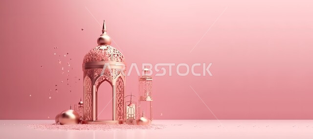 الأجواء الروحانية المتميزة، صورة بانورامية للفوانيس المعدنية التقليدية المضيئة، زينة وديكورات رمضان المبارك, الاحتفال بالمناسبات والأعياد الدينية الاسلامية، البهجة بقدوم شهر الخير، خلفية وردية