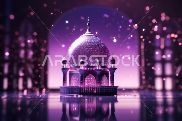 مفهوم العبادة والتقرب إلى الله، مجسمات ثلاثية الابعاد للقبب والمآذن المتميزة، تصاميم و ديكورات على الطراز الاسلامي باللون البنفسجي، الفن الهندسي المعماري للمساجد، خلفية بنفسجية