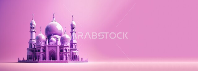 تصاميم و ديكورات على الطراز الاسلامي باللون البنفسجي، مجسمات ثلاثية الابعاد للقبب والمآذن المتميزة، مفهوم العبادة والتقرب إلى الله، صورة بانورامية للفن الهندسي المعماري للمساجد، خلفية بنفسجية