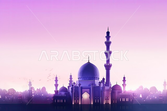  مجسمات ثلاثية الابعاد للقبب والمآذن المتميزة، مفهوم العبادة والتقرب إلى الله، تصاميم و ديكورات على الطراز الاسلامي باللون البنفسجي، الفن الهندسي المعماري للمساجد، خلفية بنفسجية