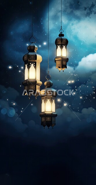 Hanging, lit, traditional metal lanterns, adornments and decorations for the holy month of Ramadan, the atmosphere of spirituality and celebration of Islamic religious occasions and holidays, the joy of the coming of the month of goodness, the background of the sky with white clouds