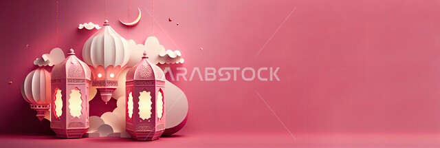 زينة وديكورات رمضان المبارك, مجموعة من المصابيح المضيئة في الأجواء الروحانية ,الاحتفال بالمناسبات والأعياد الدينية الاسلامية، البهجة بقدوم شهر الخير، صورة بانورامية للفوانيس المعدنية التقليدية المزخرفة، خلفية وردية