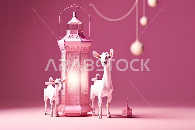 زينة وديكورات رمضان المبارك, مجموعة من المصابيح المضيئة في الأجواء الروحانية ,الاحتفال بالمناسبات والأعياد الدينية الاسلامية، البهجة بقدوم شهر الخير، الفوانيس المعدنية التقليدية المزخرفة مع مجسمات خرفان، خلفية وردية