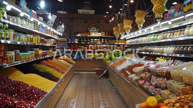 Various goods in traditional popular markets, agricultural crops and Saudi national products, a store that sells types and types of dried grains, household needs and supplies, displaying local foodstuffs and supplies in the market.