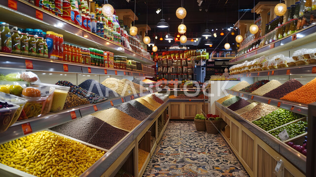 Agricultural crops and Saudi national products, types and types of different goods in traditional popular markets, a store selling household needs and supplies, displaying local foodstuffs and supplies in the market.