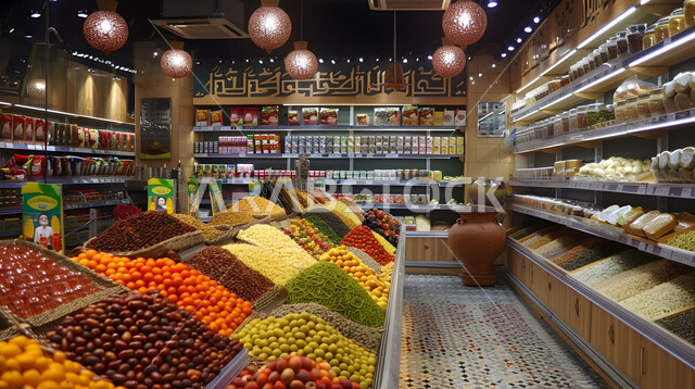 فواكه وخضراوات موسمية طازجة، أنواع وأصناف من السلع المختلفه في الأسواق الشعبية التقليدية, متجر لبيع الاحتياجات والمستلزمات المنزلية، عرض المواد الغذائيه والتموينات المحليه في الماركت, منتجات ومحاصيل زراعية وطنية سعودية