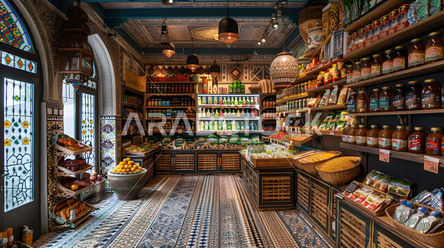Types and varieties of different goods in traditional popular markets, a store selling household needs and supplies, displaying local food and supplies in the market, Saudi national agricultural products and crops.