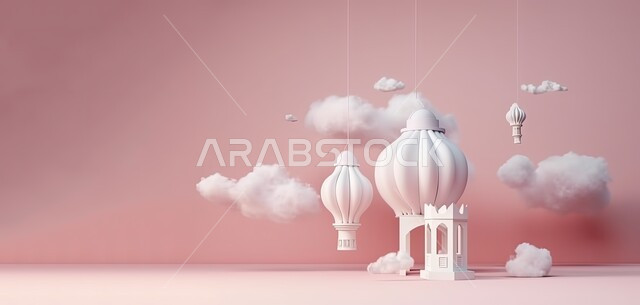 زينة وديكورات رمضان المبارك, مجموعة من مجسمات الفوانيس في الأجواء الروحانية ,الاحتفال بالمناسبات والأعياد الدينية الاسلامية، البهجة بقدوم شهر الخير، فانوس تقليدي مزخرف مع غيوم بيضاء، خلفية وردية