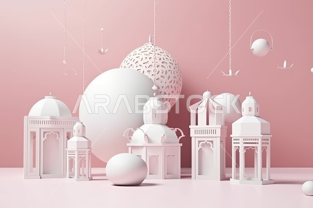 زينة وديكورات رمضان المبارك, مجموعة من مجسمات الفوانيس في الأجواء الروحانية ,الاحتفال بالمناسبات والأعياد الدينية الاسلامية، البهجة بقدوم شهر الخير، فانوس تقليدي مزخرف مع غيوم بيضاء، خلفية وردية