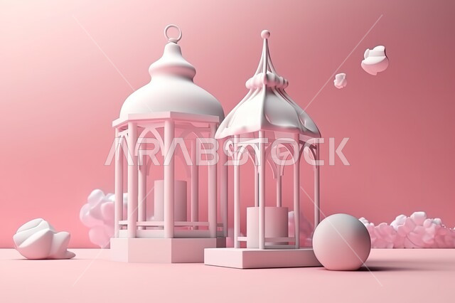 زينة وديكورات رمضان المبارك, مجموعة من مجسمات الفوانيس في الأجواء الروحانية, الاحتفال بالمناسبات والأعياد الدينية الاسلامية، البهجة بقدوم شهر الخير، فوانيس تقليدية مزخرفة، خلفية وردية