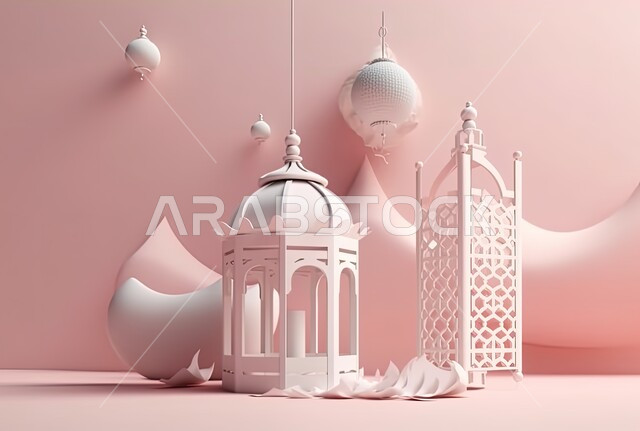 زينة وديكورات رمضان المبارك, مجموعة من مجسمات الفوانيس في الأجواء الروحانية, الاحتفال بالمناسبات والأعياد الدينية الاسلامية، البهجة بقدوم شهر الخير، فوانيس تقليدية مزخرفة، خلفية وردية