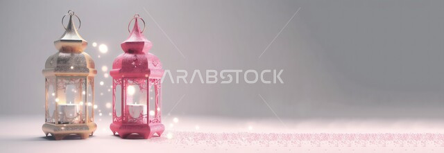 ديكورات وزينة رمضان المبارك, صورة بانورامية لفوانيس معدنية تقليدية مضيئة مزخرفة، المصابيح المضيئة في الأجواء الروحانية ,الاحتفال بالمناسبات والأعياد الدينية الاسلامية، البهجة بقدوم شهر الخير، خلفية بيضاء
