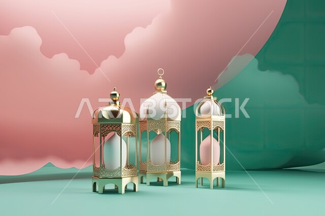 ديكورات وزينة رمضان المبارك, صورة بانورامية لفوانيس معدنية تقليدية مزخرفة، المصابيح المضيئة في الأجواء الروحانية ,الاحتفال بالمناسبات والأعياد الدينية الاسلامية، البهجة بقدوم شهر الخير، خلفية ملونة