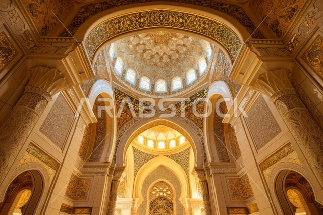 الفن الهندسي المعماري لمسجد عربي عريق، النقوش والزخارف للاعمدة والاقواس على الطراز الاسلامي، التصاميم والديكورات الداخلية الأنيقة للمساجد، العبادة والتقرب إلى الله تعالى