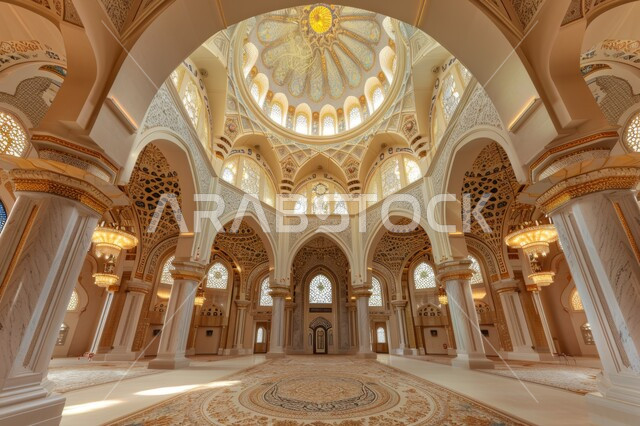 مفهوم العبادة والتقرب إلى الله تعالى ,الفن الهندسي المعماري لمسجد عربي عريق، النقوش والزخارف للاعمدة والاقواس على الطراز الاسلامي، التصاميم والديكورات الداخلية الأنيقة للمساجد
