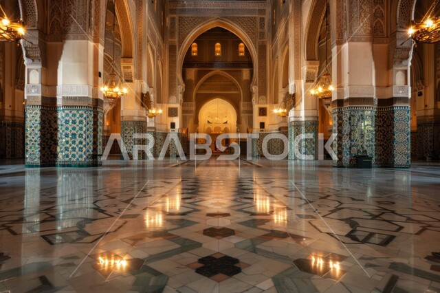 الزخارف والتصميمات الفاخرة لقاعات الصلاة الواسعة في المساجد، أداء الصلوات والفرائض، الفن الهندسي المعماري على الطراز الاسلامي، تصميمات وديكورات داخلية دينية متميزة، العبادة والتقرب الى الله