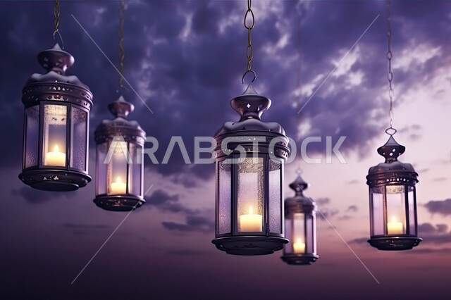 البهجة بقدوم شهر الخير، المصابيح المضيئة في الأجواء الروحانية, ديكورات وزينة رمضان المبارك, الفوانيس المعدنية التقليدية المزخرفة المعلقة مع الغيوم، الاحتفال بالمناسبات والأعياد الدينية الاسلامية، خلفية بنفسجية