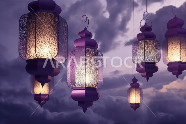البهجة بقدوم شهر الخير، المصابيح المضيئة في الأجواء الروحانية, ديكورات وزينة رمضان المبارك, الفوانيس المعدنية التقليدية المزخرفة المعلقة مع الغيوم، الاحتفال بالمناسبات والأعياد الدينية الاسلامية، خلفية بنفسجية
