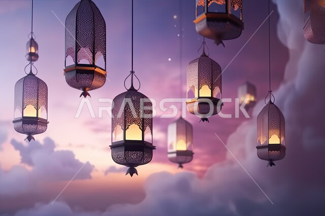 البهجة بقدوم شهر الخير، المصابيح المضيئة في الأجواء الروحانية, ديكورات وزينة رمضان المبارك, الفوانيس المعدنية التقليدية المزخرفة المعلقة مع الغيوم، الاحتفال بالمناسبات والأعياد الدينية الاسلامية، خلفية بنفسجية