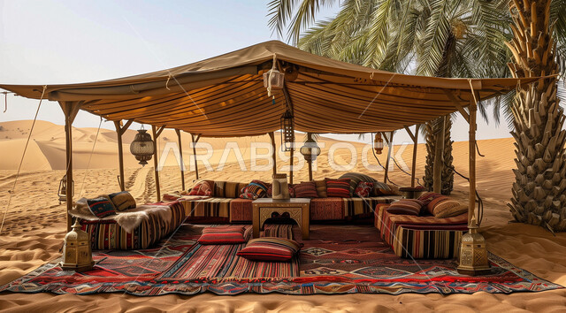 كشتة و جلسة بر شبابية تحت شجرة نخيل، التخييم في صحاري المملكة العربية السعودية, الأجواء الشتوية الممتعة, خيمة بدوية شعبية وسط الصحراء، التضاريس والرمال الذهبية الناعمة في وضح النهار، مخيمات سياحية في المناطق البرية