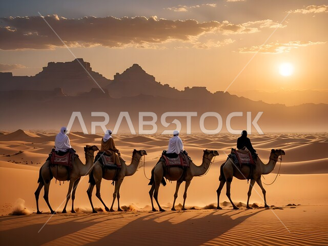 الإهتمام في تربية ورعاية الحيوانات، استخدام الإبل للتنقل في صحارى المملكة العربية السعودية، الرمال الذهبية الناعمة، مجموعة من الجمال تسير فوق الكثبان الرملية في الصحراء في وقت النهار، أماكن سياحية صحراوية